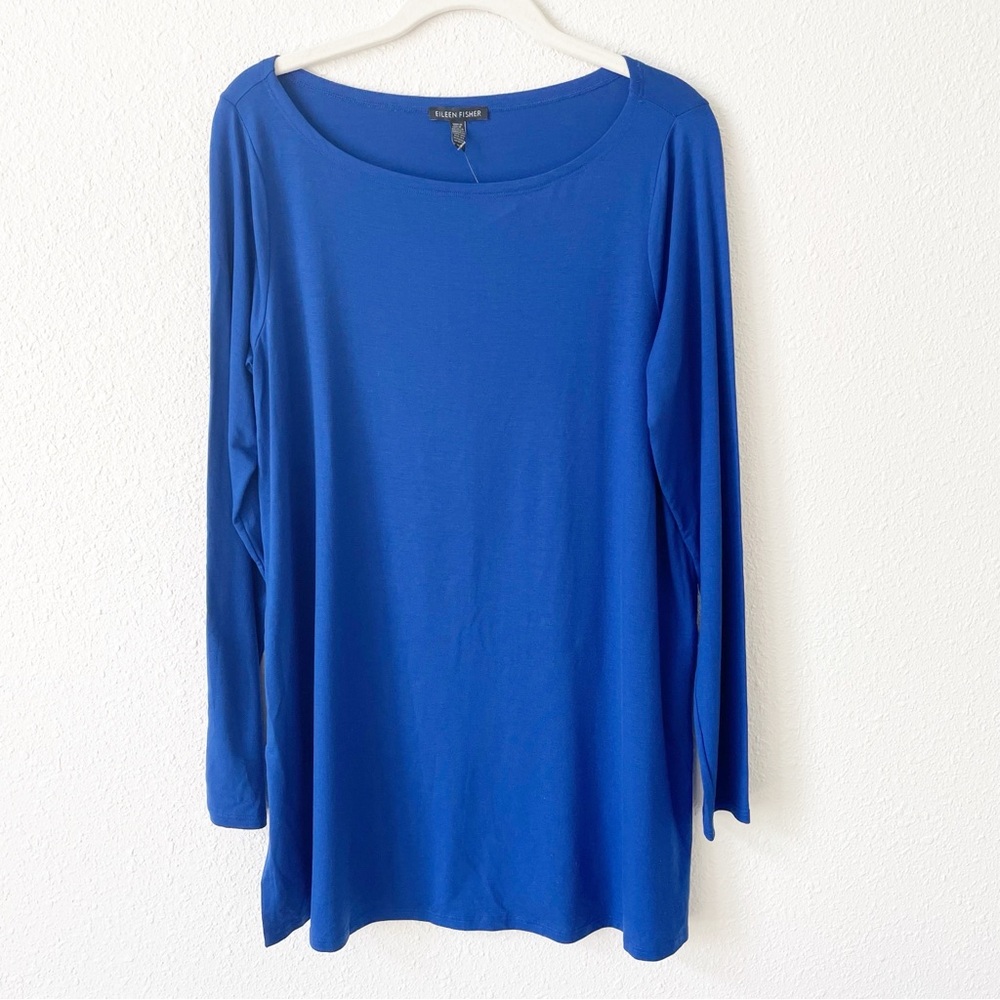 Eileen Fisher Jersey Boatneck Top Blue Size Small Minimalist Colorful Tunic